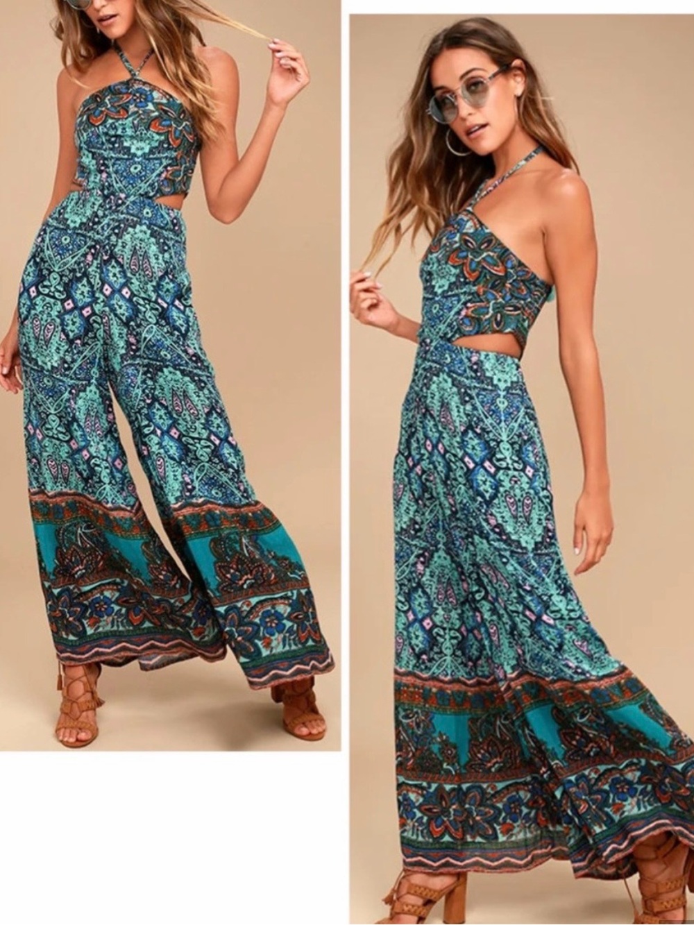🩷 Free People Teal Multi Paisley Halter Wide-Leg Jumpsuit w/ Cut Outs